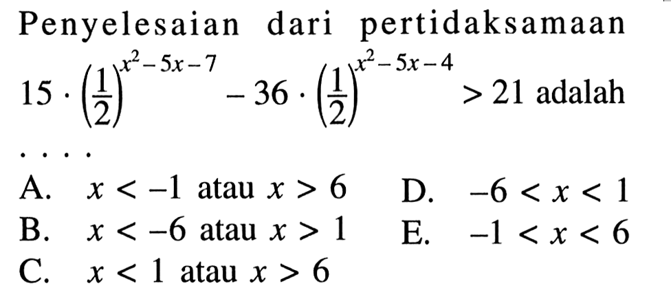 Penyelesaian dari pertidaksamaan 15/(1/2)^(x^2-5x-7)-36.(1/2)^(x^2-5x-4)>21 adalah . . . .