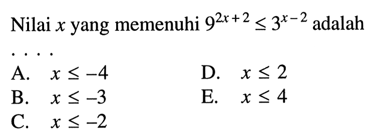 Nilai x yang memenuhi 9^(2x+2)<=3^(x-2) adalah . . . .