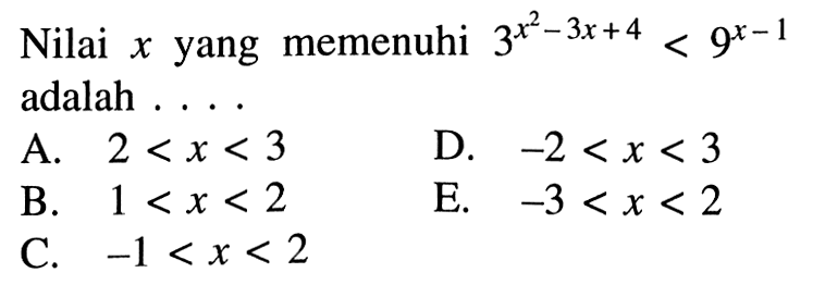 Nilai x yang memenuhi 3^(x^2-3x+4)<9^(x-1) adalah....