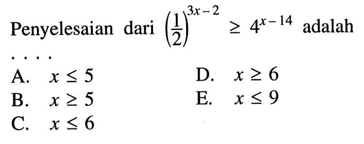 Penyelesaian dari (1/2)^(3x-2)>=4^(x-14) adalah....