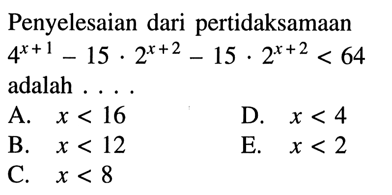 Penyelesaian dari pertidaksamaan 4^(x+1)- 15.2^(x+2)- 15. 2^(x+2)< 64 adalah