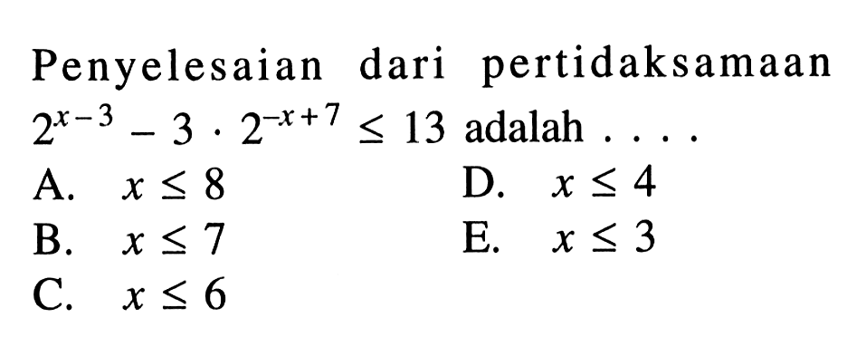 Penyelesaian dari pertidaksamaan 2^(x-3)-3.2^(-x+7)<=13 adalah . . . .