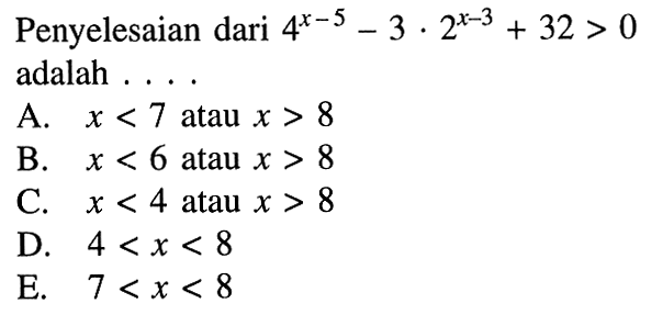 Penyelesaian dari 4^(x-5)-3 2^(x-3) + 32 > 0 adalah