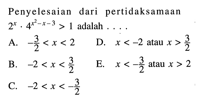 Penyelesaian dari pertidaksamaan 2^x.4^(x^2-x-3)>1 adalah ...