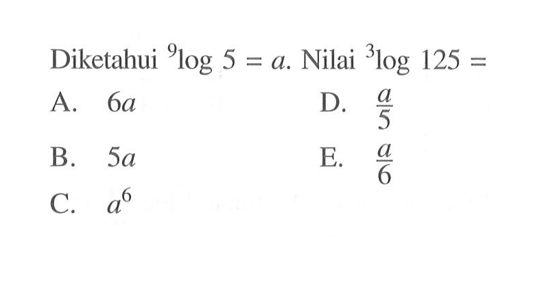 Diketahui 9log5=a. Nilai 3log125=