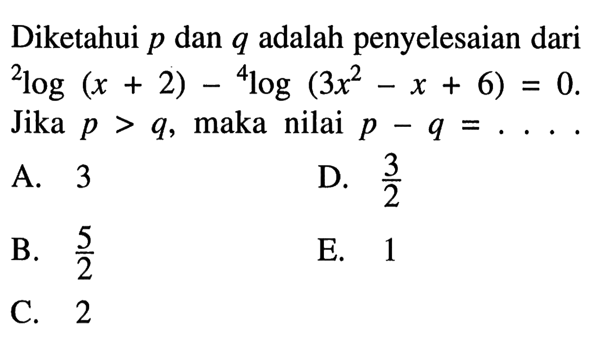 Diketahui p dan q adalah penyelesaian dari 2log(x+2)-4log(3x^2-x+6)=0. Jika p>q, maka nilai p-q= . . . .