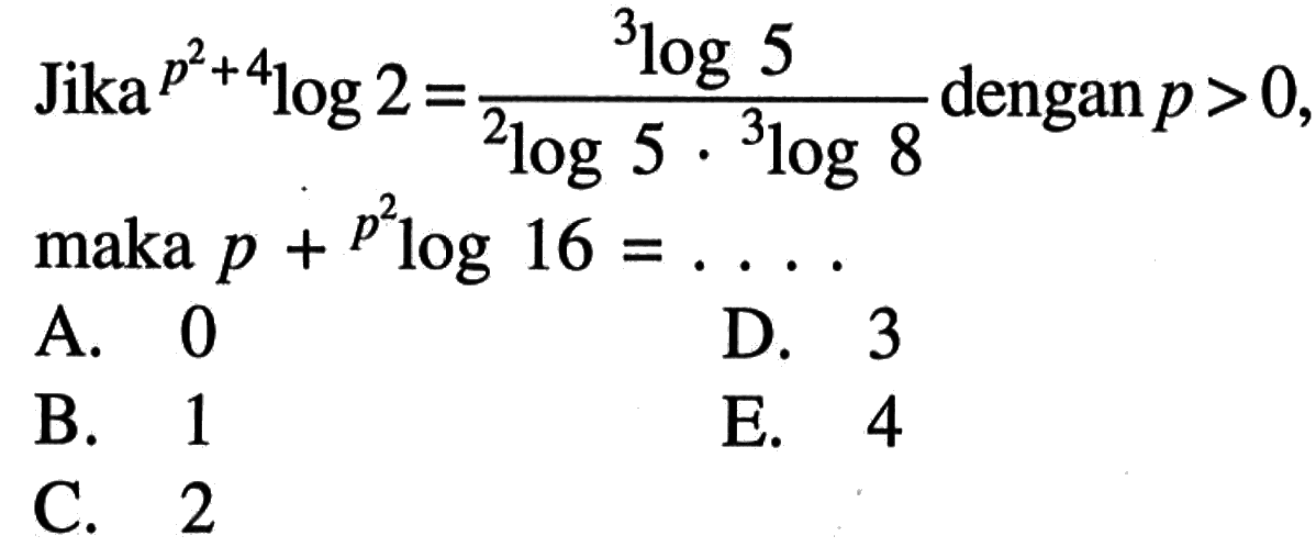 Jika p^2+4log2=(3log5.3log8) dengan p>0, maka p+p^2log 16=...