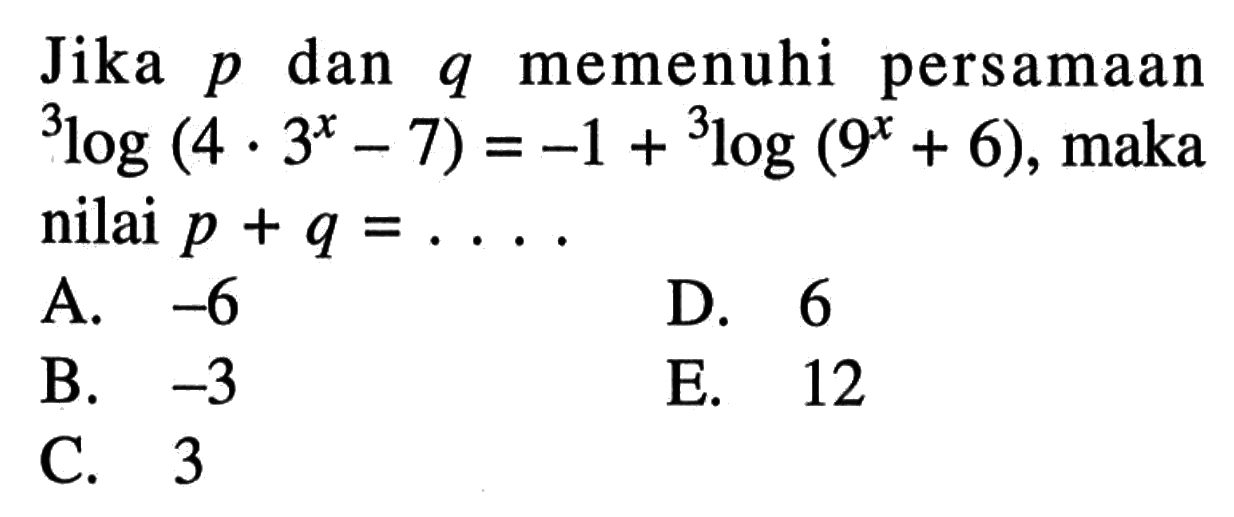 Jika p dan q memenuhi persamaan 3log(4.3^x-7)=-1+3 log(9^x+6), maka nilai p+q=....