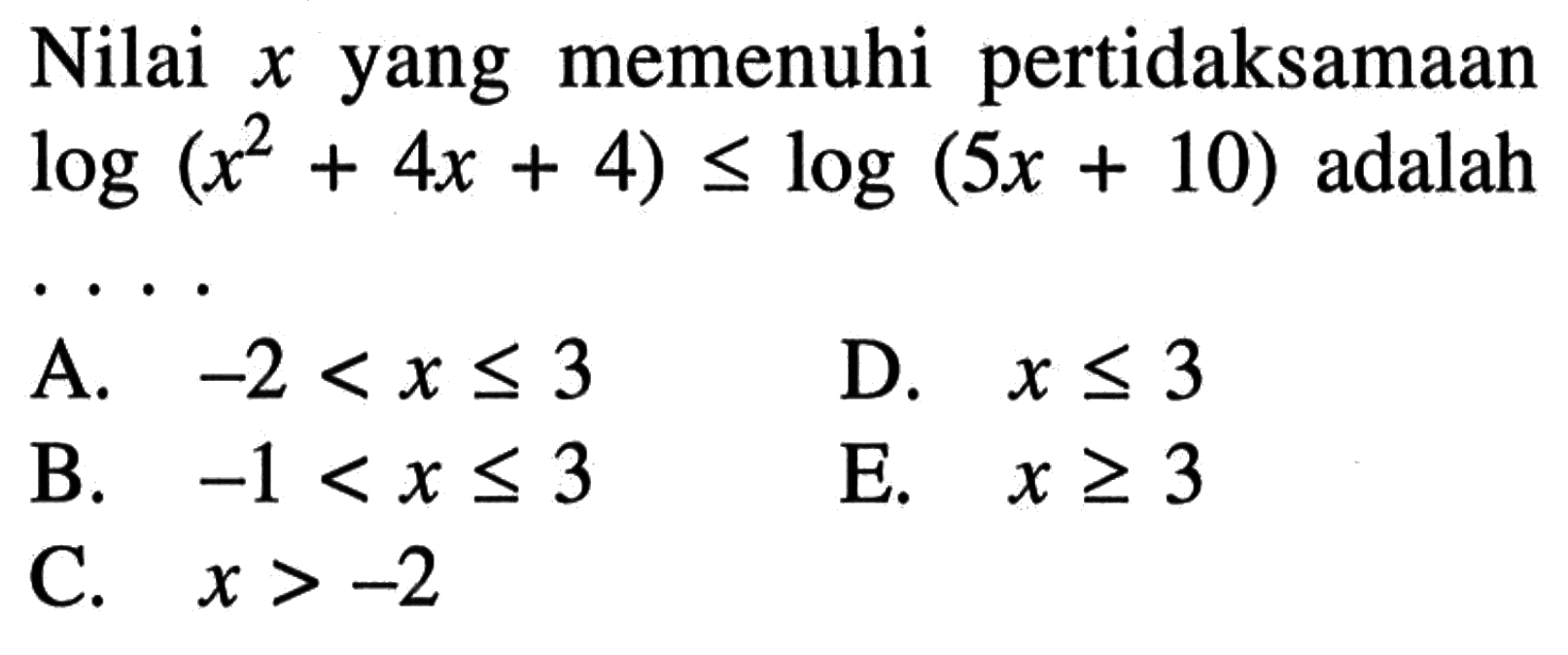 Nilai x yang memenuhi pertidaksamaan log(x^2+4x+4)<=log(5x+10) adalah ...