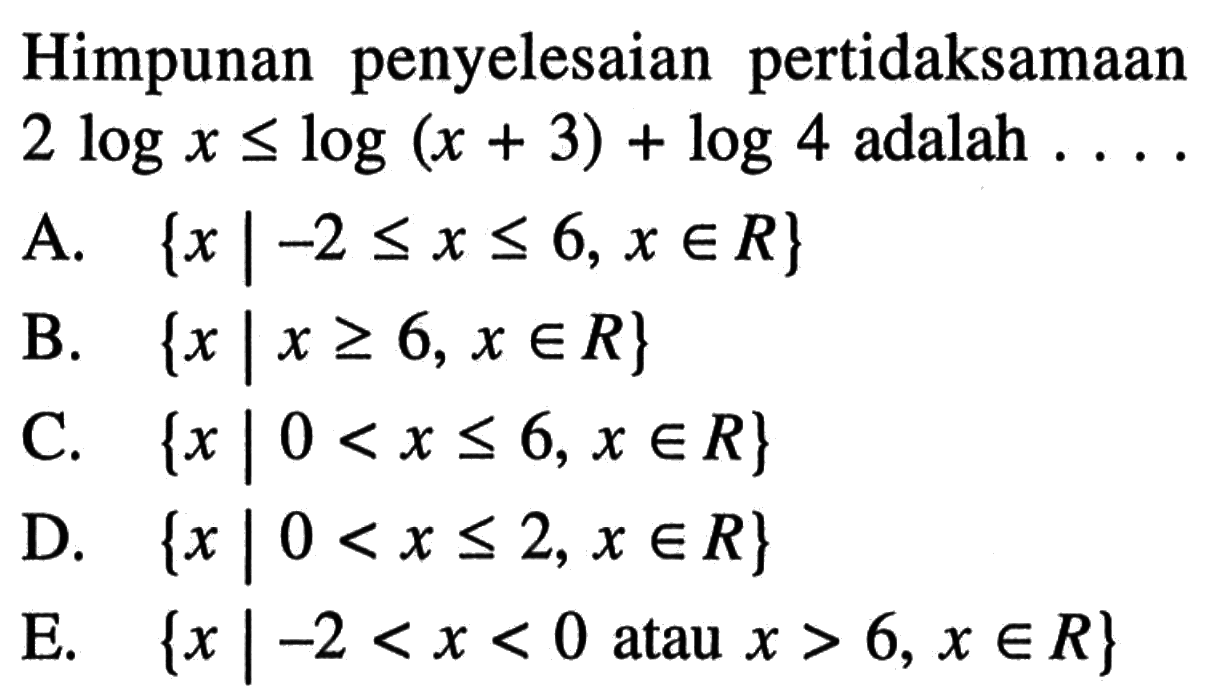 Himpunan penyelesaian pertidaksamaan 2logx<=log(x+3)+log4 adalah....