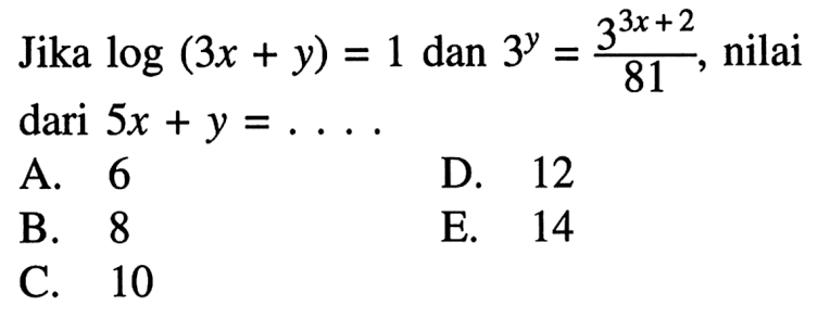 Jika log(3x+y)=1 dan 3^y=(3^(3x+2))/81, nilai dari 5x+y=....