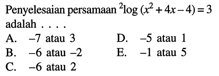 Penyelesaian persamaan 2log(x^2+4x-4)=3 adalah . . . .