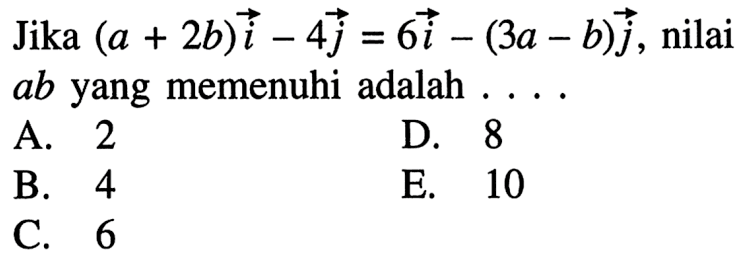 Jika (a+2 b)i-4j=6i-(3a-b)j, nilai ab yang memenuhi adalah....