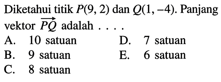 Diketahui titik P(9,2) dan Q(1,-4). Panjang vektor PQ adalah ...