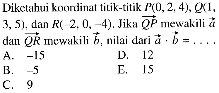 Diketahui koordinat titik-titik  P(0,2,4), Q(1,3,5) , dan  R(-2,0,-4) .  Jika vektor QP  mewakili vektor a  dan vektor QR  mewakili vektor b , nilai dari vektor a.vrktor b=...