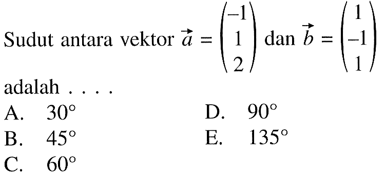 Sudut antara vektor a=(-1  1  2) dan vektor b=(1  -1  1)  adalah ...
