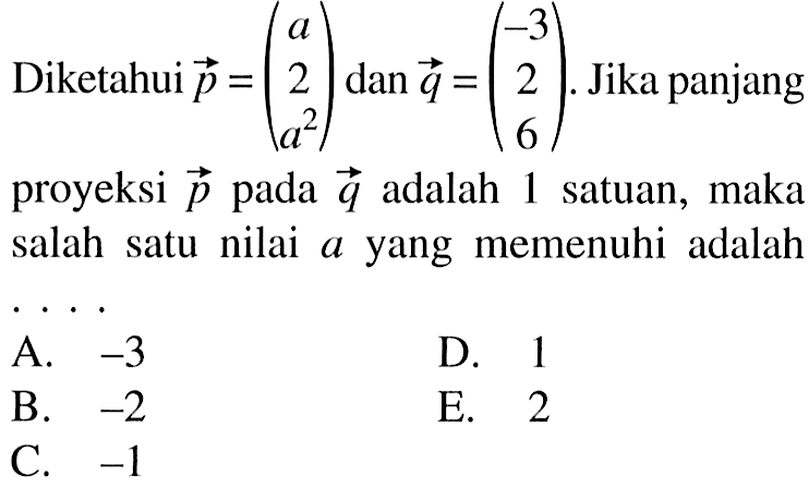 Diketahui  p=(a  2  a^2)  dan  q=(-3  2  6) . Jika panjang proyeksi  p  pada  q  adalah 1 satuan, maka salah satu nilai  a  yang memenuhi adalah ....