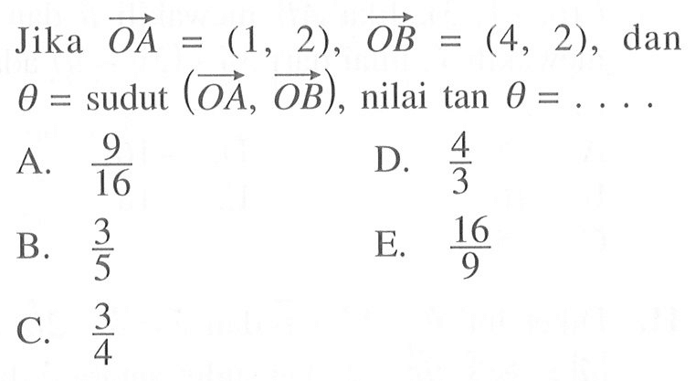 Jika vektor OA=(1,2), vektor OB=(4,2), dan theta= sudut(vektor OA, vektor OB), nilai tan theta= ...