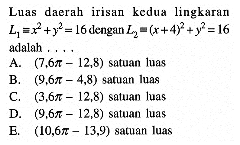 Luas daerah irisan kedua lingkaran L1 ekuivalen x^2 + y^2 = 16 dengan L2 ekuivalen (x+4)^2 + y^2 = 16  adalah ....