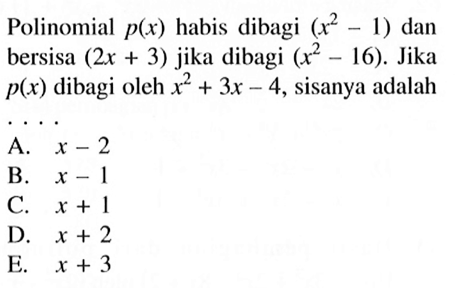 Polinomial p(x) habis dibagi (x^2-1) dan bersisa (2x+3) jika dibagi (x^2-16). Jika p(x) dibagi oleh x^2+3x-4, sisanya adalah . . . .