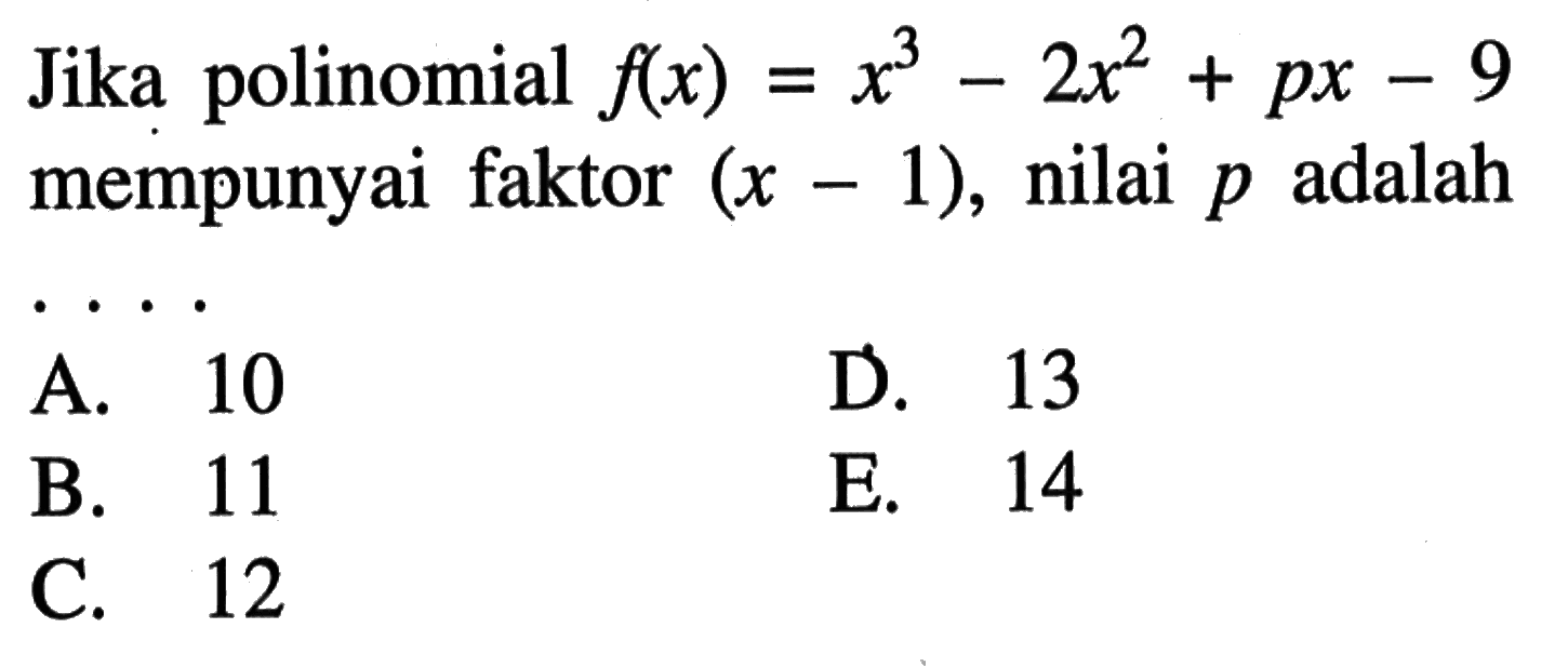 Jika polinomial f(x)=x^3-2x^2+px-9 mempunyai faktor (x-1), nilai p adalah....
