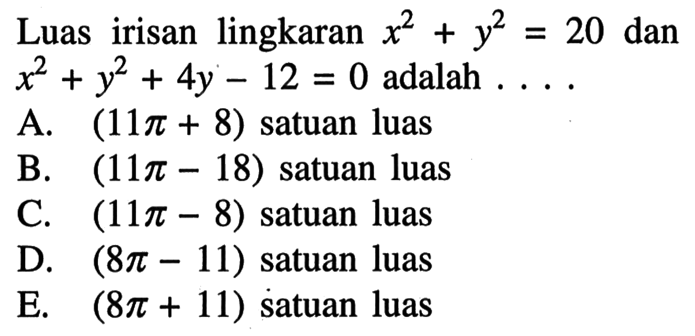 Luas irisan lingkaran  x^2+y^2=20  dan  x^2+y^2+4y-12=0  adalah  ... . 