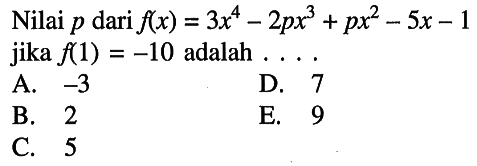 Nilai p dari f(x)=3x^4-2px^3+px^2-5x-1 jika f(1)=-10 adalah ....