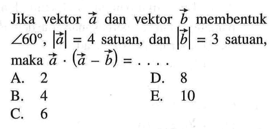 Jika vektor  a  dan vektor  b  membentuk  sudut 60,|a|=4  satuan, dan  |b|=3  satuan, maka  a.(a-b)=.... 