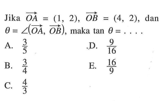 Jika OA=(1,2), OB=(4,2), dan theta = sudut (OA, OB), maka tan theta=.... 