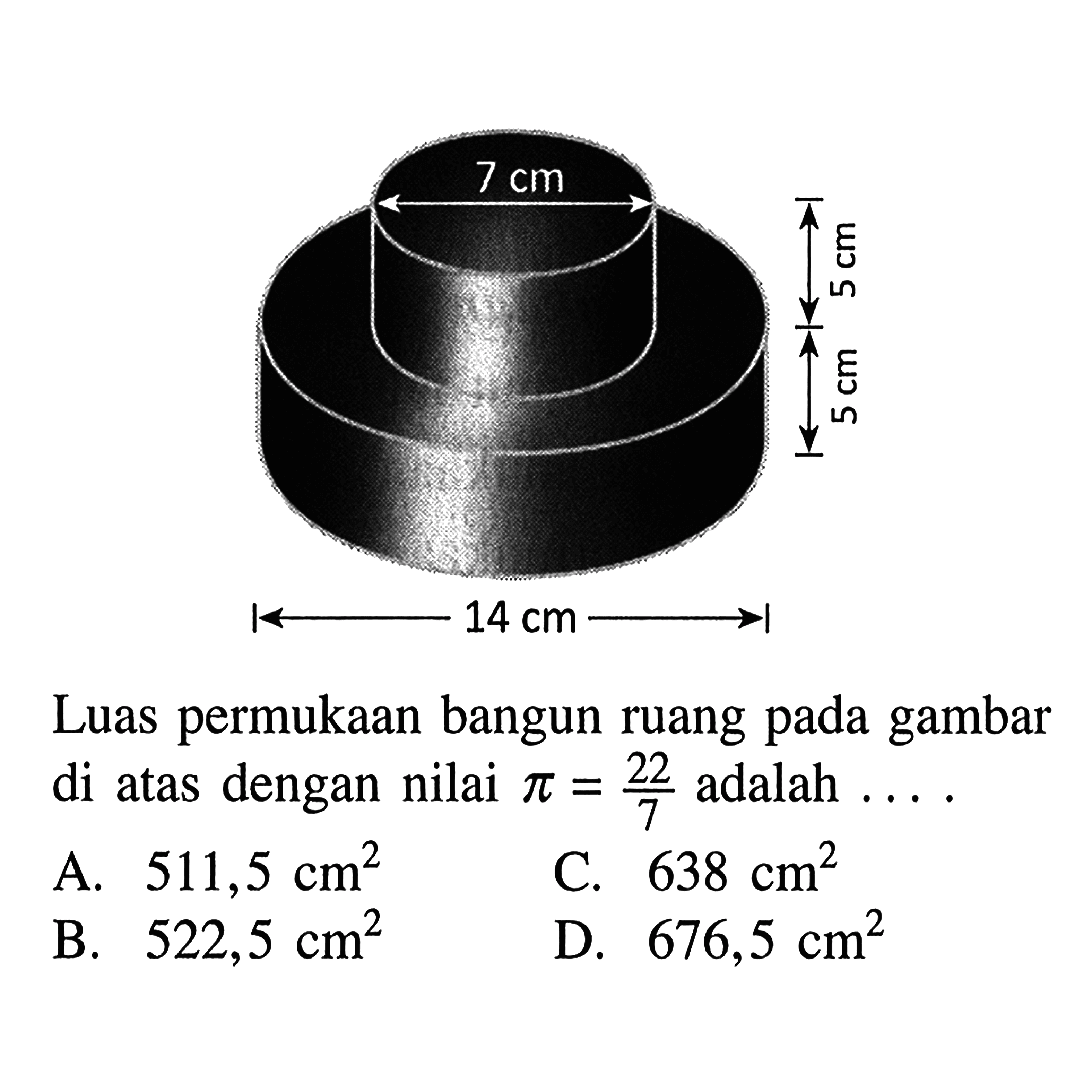 Luas permukaan bangun ruang pada gambar di atas dengan nilai pi=(22/7) adalah .... 14 cm 7 cm 5 cm 5 cm