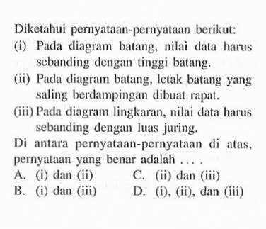 Diketahui pernyataan-pernyataan berikut:(i) Pada diagram batang, nilai data harus sebanding dengan tinggi batang.(ii) Pada diagram batang, letak batang yang saling berdampingan dibuat rapat.(iii) Pada diagram lingkaran, nilai data harus sebanding dengan luas juring.Di antara pernyataan-pernyataan di atas, pernyataan yang benar adalah....