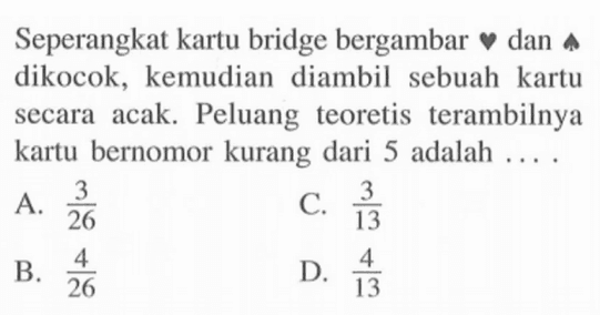 Seperangkat kartu bridge bergambar dan dikocok, kemudian diambil sebuah kartu secara acak. Peluang teoretis terambilnya kartu bernomor kurang dari 5 adalah ....