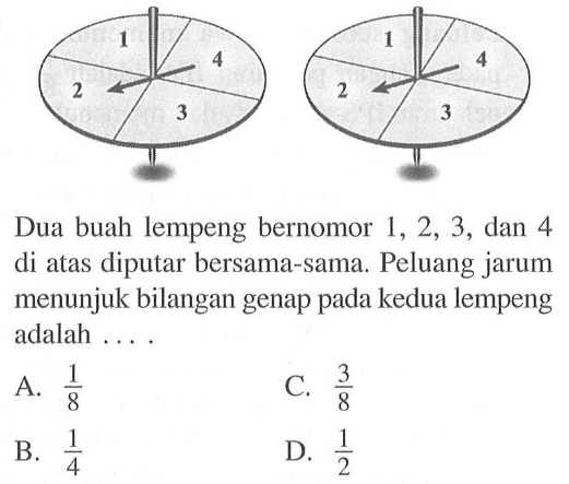 1 2 3 4 1 2 3 4 Dua buah lempeng bernomor 1,2,3, dan 4 di atas diputar bersama-sama. Peluang jarum menunjuk bilangan genap pada kedua lempeng adalah ....
