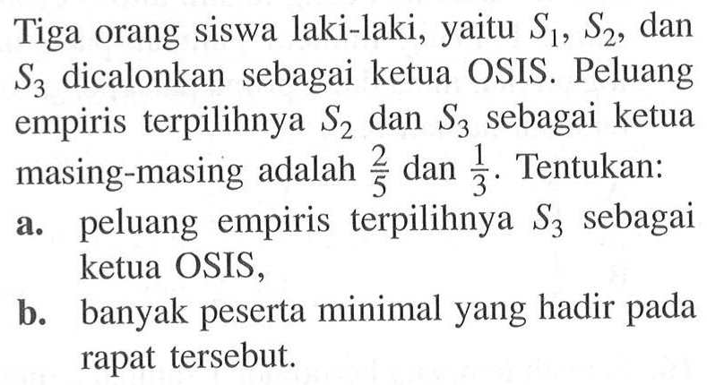 Tiga orang siswa laki-laki, yaitu S1, S2, dan S3 dicalonkan sebagai ketua OSIS. Peluang empiris terpilihnya S2 dan S3 sebagai ketua masing-masing adalah 2/5 dan 1/3. Tentukan:
a. peluang empiris terpilihnya S3 sebagai ketua OSIS,
b. banyak peserta minimal yang hadir pada rapat tersebut.