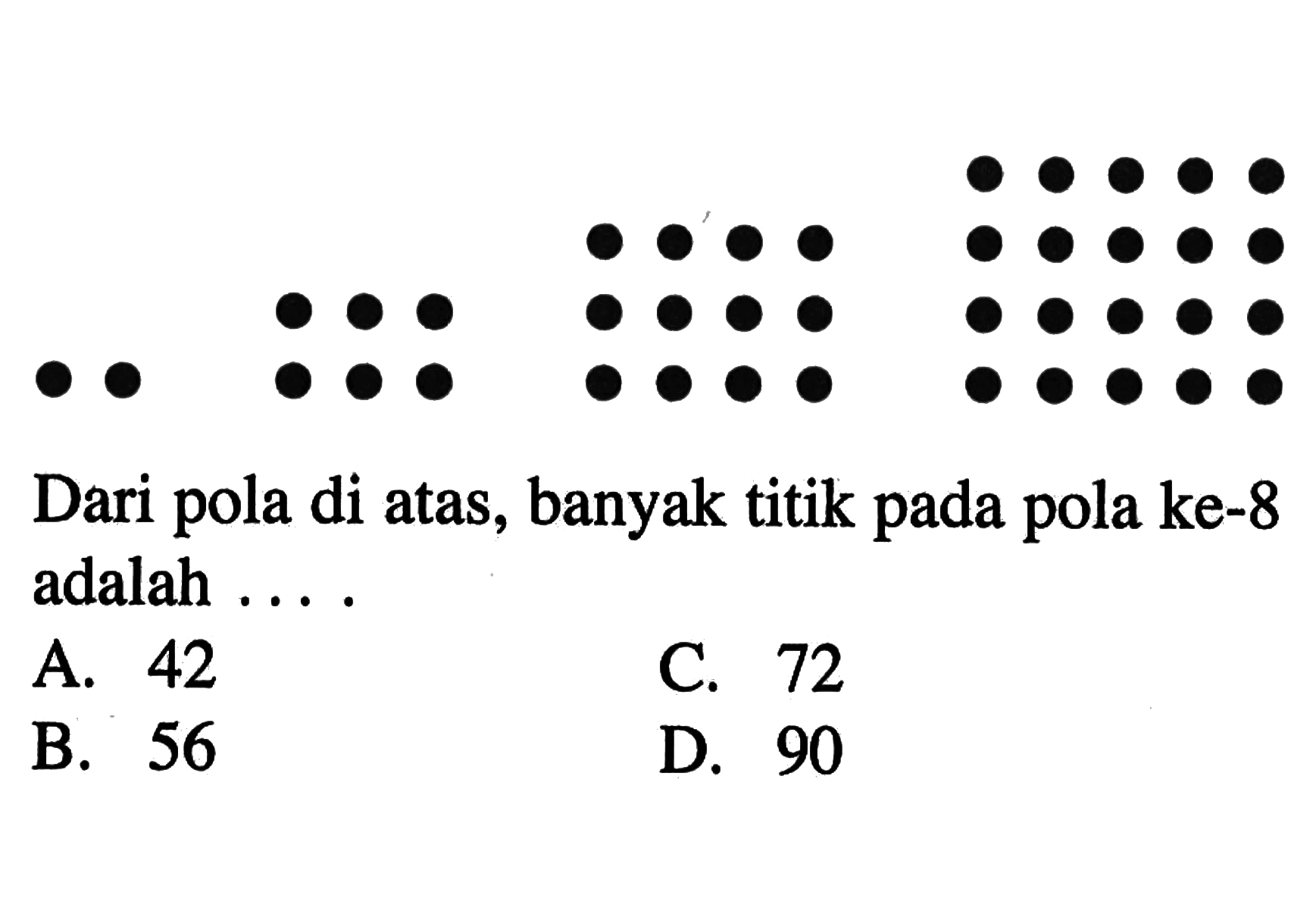 Dari pola di atas, banyak titik pada pola ke-8 adalah ... A. 42 C. 72 B. 56 D. 90