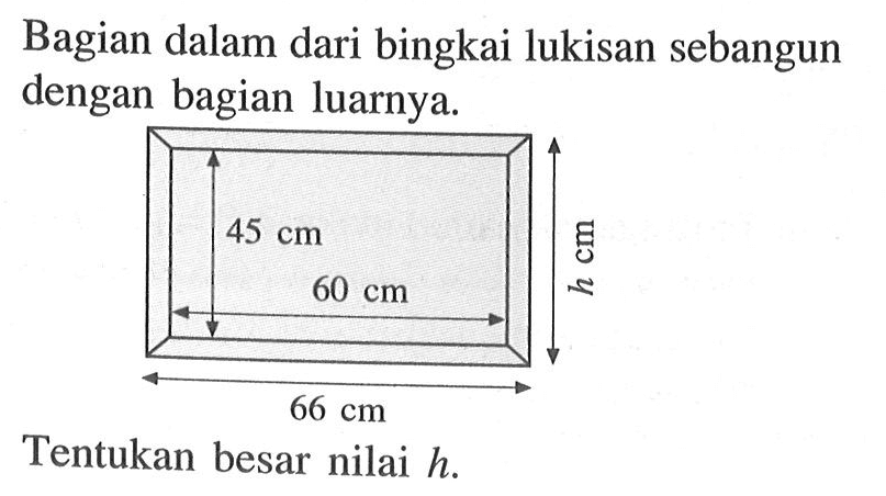 Bagian dalam dari bingkai lukisan sebangun dengan bagian luarnya. 45 cm 60 cm 66 cm h cm Tentukan besar nilai h. 