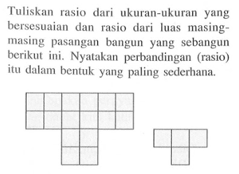 Tuliskan rasio dari ukuran-ukuran yang bersesuaian dan rasio dari luas masingmasing pasangan bangun yang sebangun berikut ini. Nyatakan perbandingan (rasio) itu dalam bentuk yang paling sederhana.