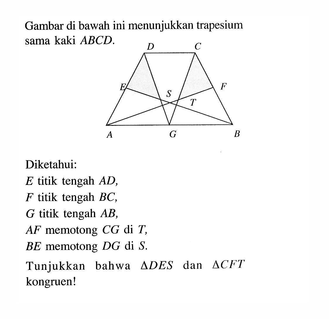 Gambar di bawah ini menunjukkan trapesium sama kaki ABCD. A G B E S T F D C 
Diketahui:
E titik tengah AD,
F titik tengah BC,
G titik tengah AB,
A F memotong CG di T,
BE memotong DG di S.
Tunjukkan bahwa segitiga DES dan segitiga CFT kongruen!