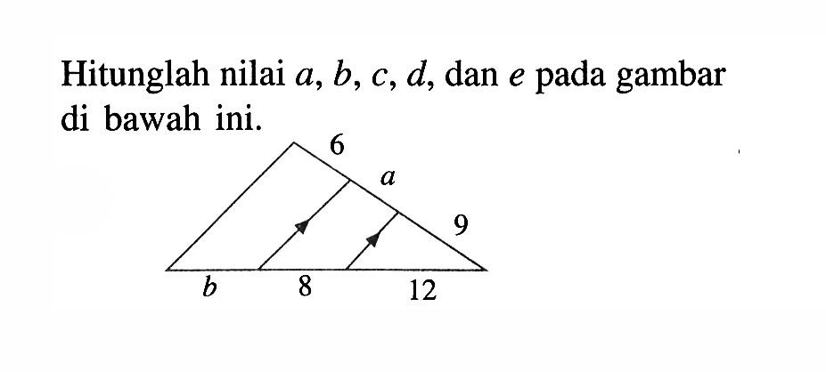 Hitunglah nilai  a, b, c, d , dan  e  pada gambar di bawah ini. 6 a 9 b 8 12