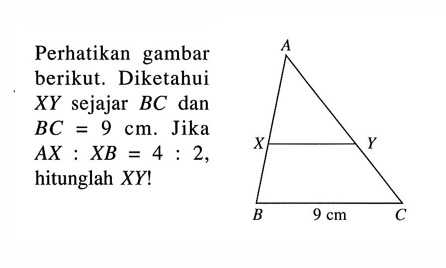 Perhatikan gambar berikut. Diketahui XY sejajar BC dan BC=9 cm. Jika AX:XB=4:2, hitunglah XY! 