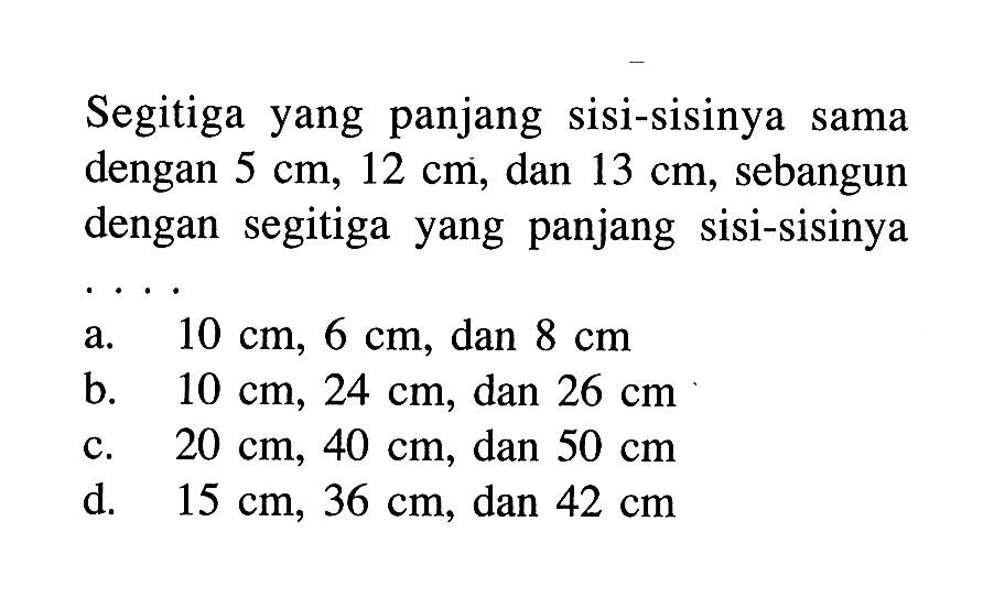 Segitiga yang panjang sisi-sisinya sama dengan 5 cm, 12 cm, dan 13 cm, sebangun dengan segitiga yang panjang sisi-sisinya ....