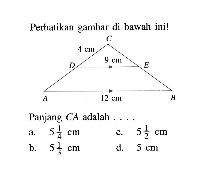 Perhatikan gambar di bawah ini! 4 cm 9 cm 12 cm Panjang CA adalah  ... 