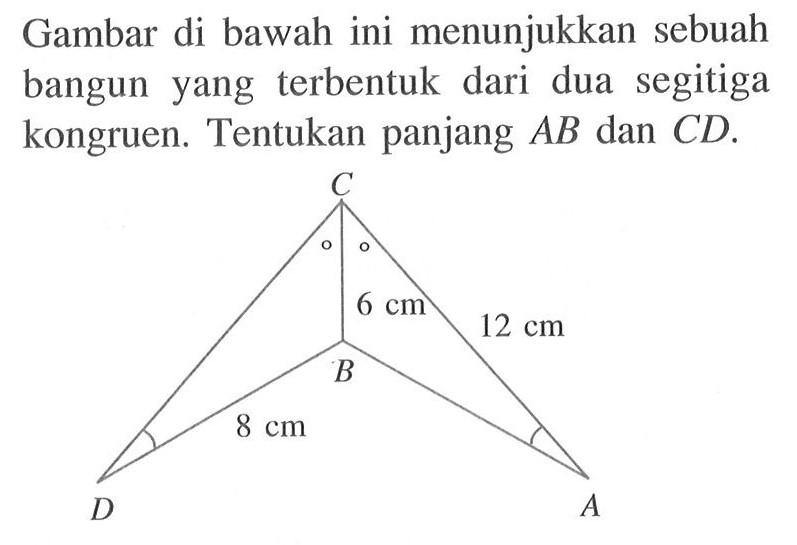 Gambar di bawah ini menunjukkan sebuah bangun yang terbentuk dari dua segitiga kongruen. Tentukan panjang  AB  dan  CD. 6 cm 12 cm 8 cm