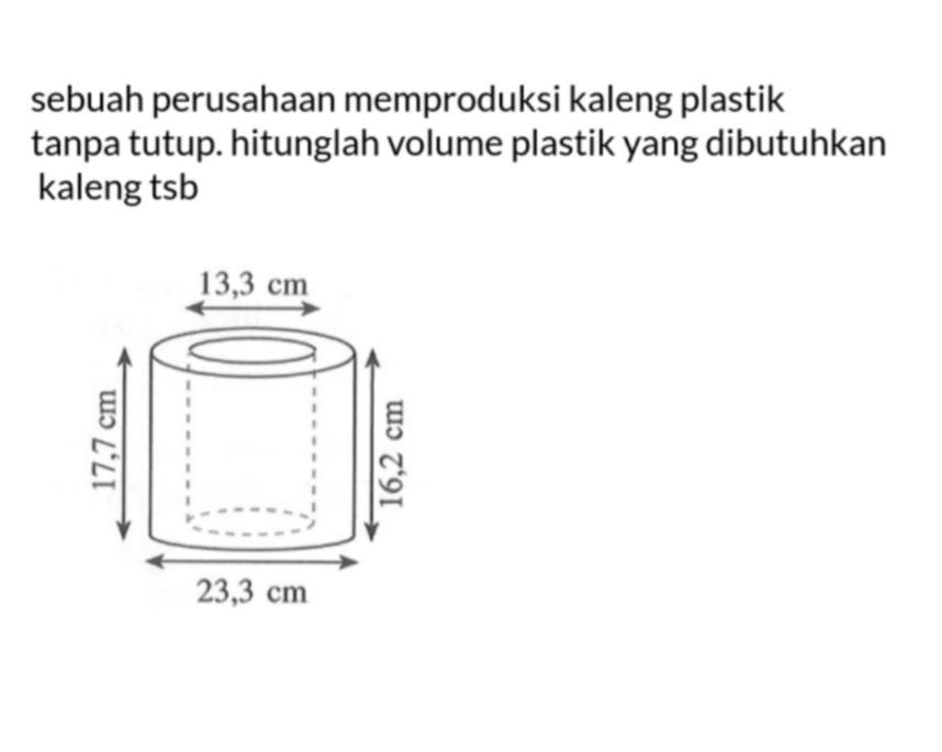 sebuah perusahaan memproduksi kaleng plastik tanpa tutup. hitunglah volume plastik yang dibutuhkan kaleng tsb 13,3 cm 17,7 cm 16,2 cm 23,3 cm 