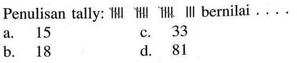 Penulisan tally: IIII IIII IIII III bernilai ...
