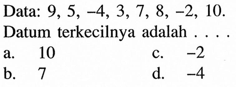 Data: 9,5,-4,3,7,8,-2,10 Datum terkecilnya adalah ....