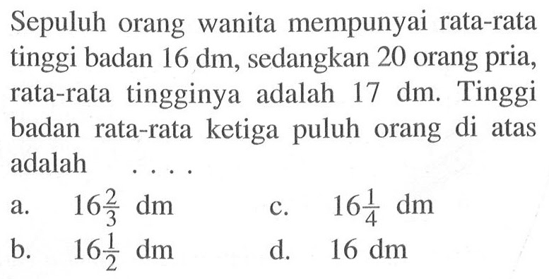 Sepuluh orang wanita mempunyai rata-rata tinggi badan  16 dm , sedangkan 20 orang pria, rata-rata tingginya adalah  17 dm . Tinggi badan rata-rata ketiga puluh orang di atas adalaha.   16 2/3 dm c.  16 1/4 dm b.   16 1/2 dm d.  16 dm 