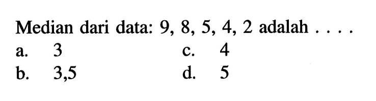 Median dari data: 9,8,5,4,2 adalah ...