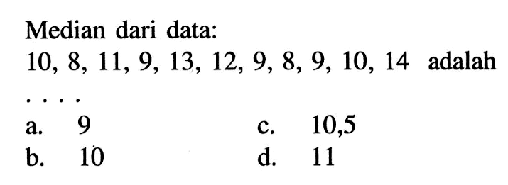 Median dari data: 10,8,11,9,13,12,9,8,9,10,14  adalah