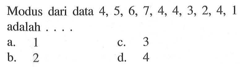 Modus dari data  4,5,6,7,4,4,3,2,4,1  adalah ....